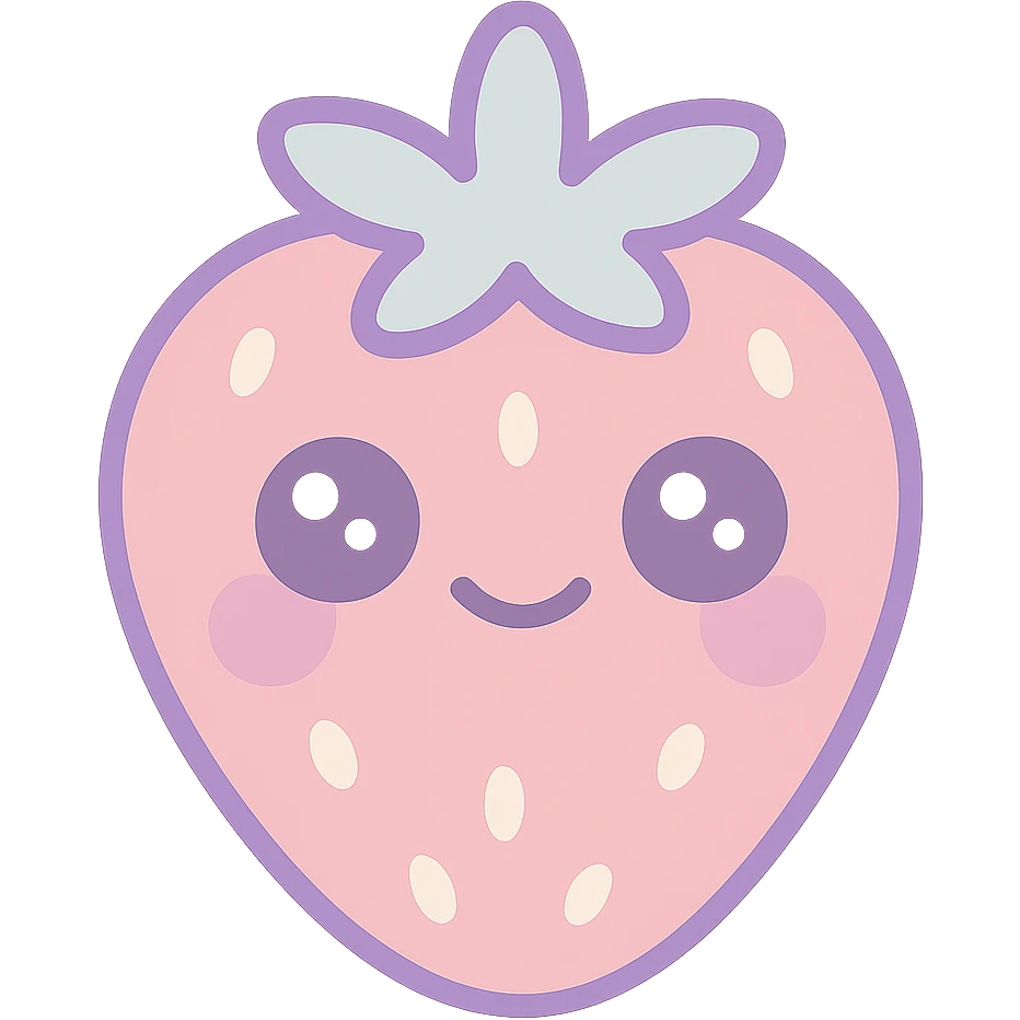 kawaii-style strawberry with a small smile and subtle blush cheeks, soft dramatic shadows, rounded edges, bold and vibrant colors including deep pinks, rich lavenders, creamy whites, isolated on transparent background, high resolution, minimal textures, animation style with gentle, subtle highlighting to accentuate the dramatic colors, toned-down glow on the face emoji