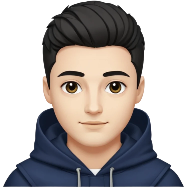 A handsome man with fair complexion. masculine, roman, slightly crooked nose. Thick triangular eyebrows. Hooded eyes and black pupils.  smily lips with a heavy top lid. kpop haircut emoji