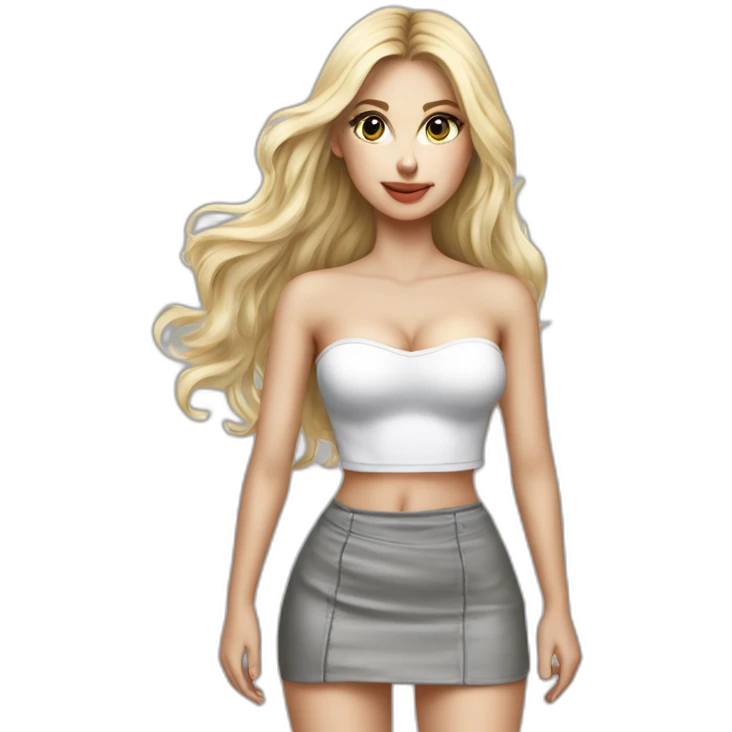 caucasian straight long haired blonde, white bustier, tight grey mini skirt, hyperrealist drawing emoji