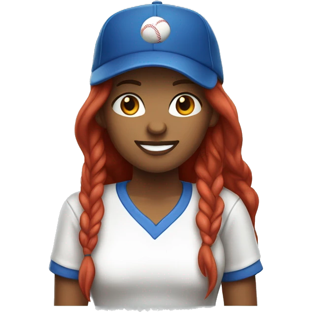 front facing standing up female coach with long red hair, wearing a white t-shirt and a simple baseball blue hat emoji