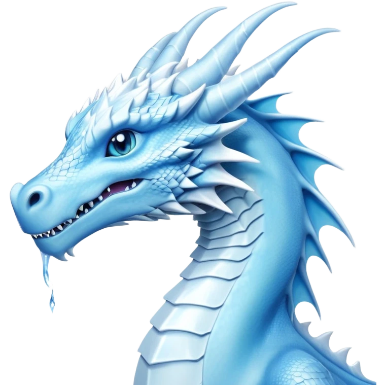 Cinematic Noble elegant Ice Dragon Portrait Emoji, Poised and imposing, distinct long elegant snout, with a slender, scaled body shimmering in glacial hues of icy blue, frostbitten silver, and crystalline white, breathing out frost, with piercing, glowing ice blue white eyes that radiate the chilling depths of an arctic storm; rendered in detail. emoji