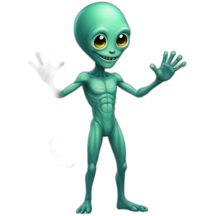 A friendly full-length alien greeting with his right hand emoji