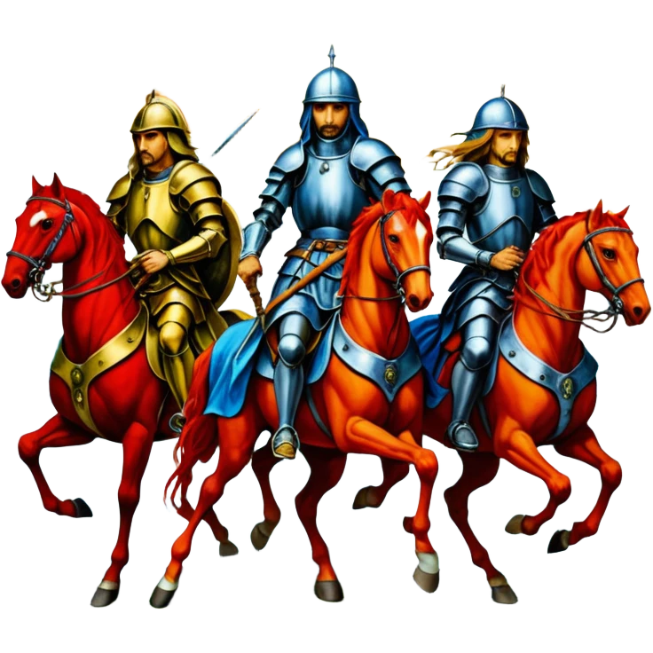 solarpunk ultra HD style, oil - The Four Horsemen of the Apocalypse, based on a graphic by Albrecht Dürer emoji