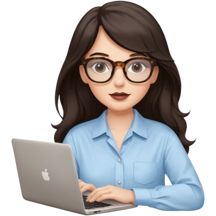 A white woman with long wavy dark brown hair and a whispy bang, wearing thick tortoise SQUARE glasses. She has long lashes and a nude browny glossy lipstick. She's wearing an oversize light blue shirt with white strips. She's working on a laptop emoji