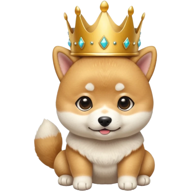 3 month old Shiba Inu puppy emoji, wearing small golden crown, cute royal expression, round body, soft fluffy fur, glossy eyes, bright pastel background, kawaii mascot style, centered composition, high quality render emoji