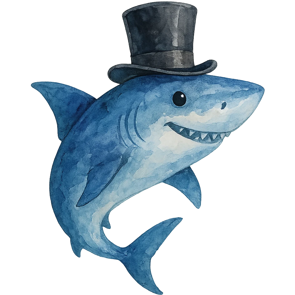 watercolor style shark with a top hat emoji