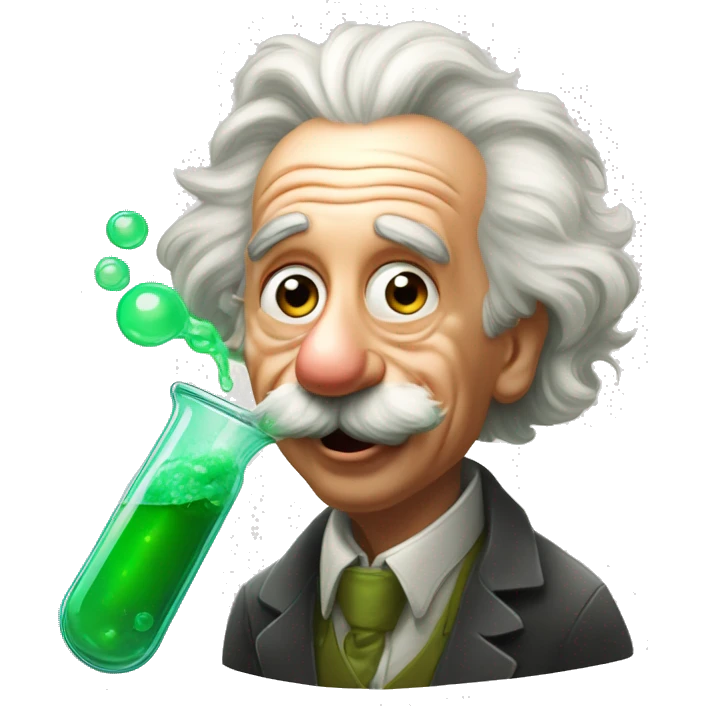 Albert Einstein tongue out.He next a with conical flask next to him with bubble green liquid inside that is smoking.The art style is in Pixar style emoji