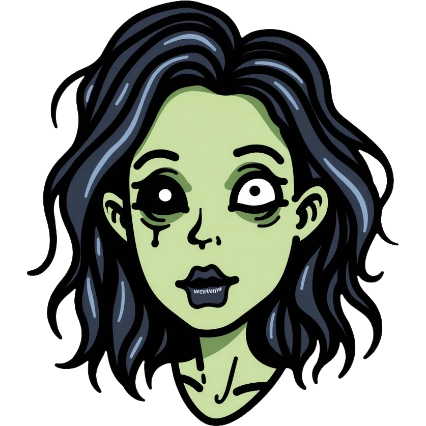 zombie girl with shoulder-length hair in transition, pale green skin, dark circles around eyes, messy hair emoji
