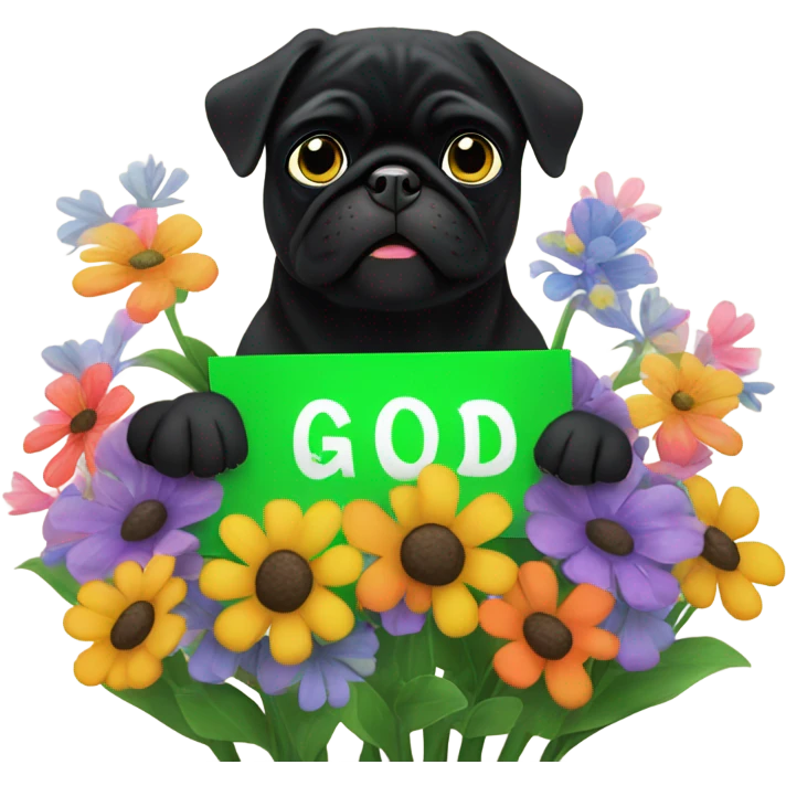 Black pug , surrounded by flowers, holding a green sign that says “good luck”  emoji