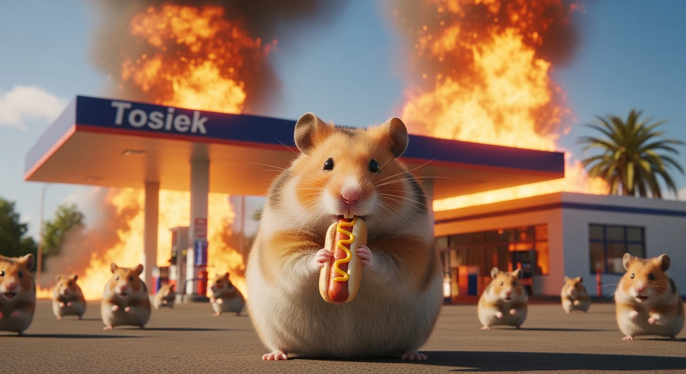 Cinematic still of A portrait of a fat hamster eating hotdog on gas station, gas station is in fire, other hamster fun away, sunny day, back light explosion , gas station named "Tosiek" (Realistic) emoji