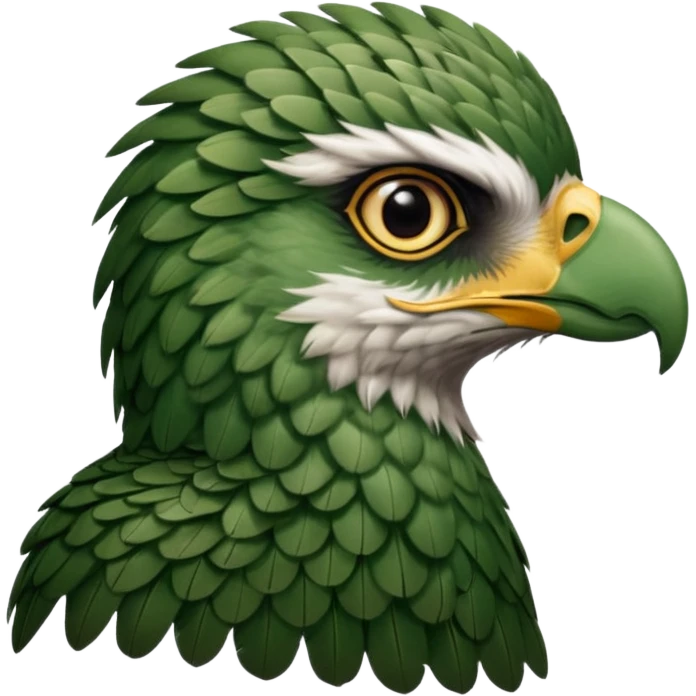 close up, zooming into the eye at the side profile of the face of a green hawk that is looking away from the camera emoji