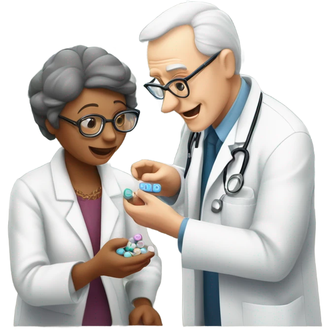 A Caucasian doctor with glasses serving 25 pills to an old woman ￼ emoji
