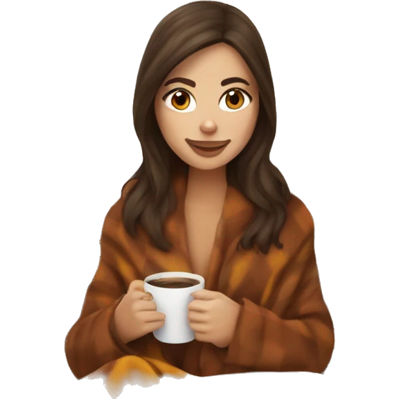 Brunette white girl covered in blanket autumn vibe sitting on a cozy chair holding coffee emoji