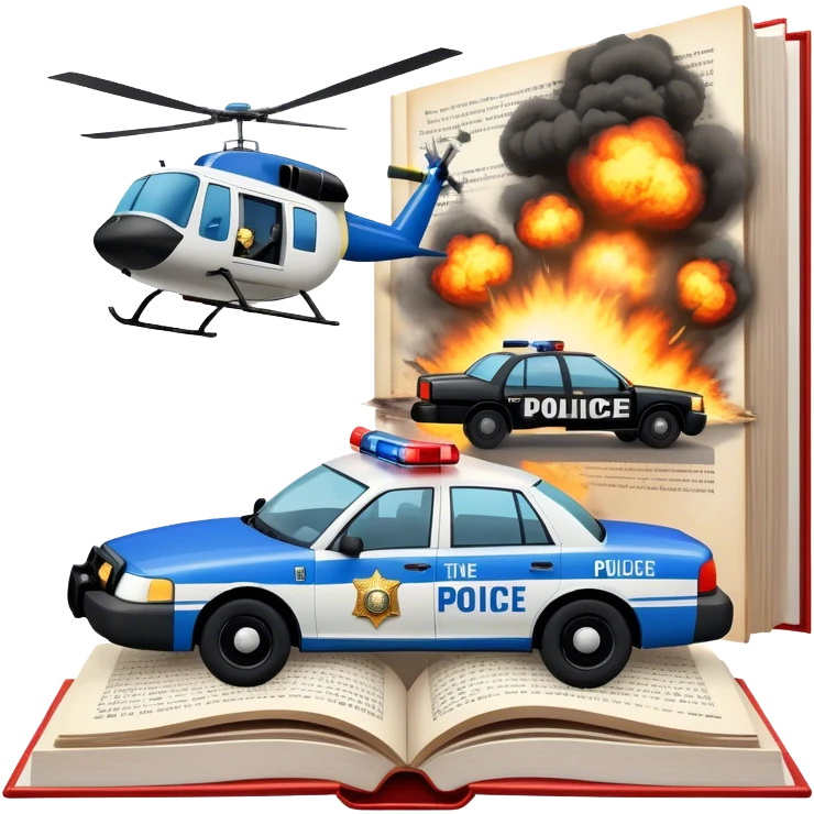 Icon for Action & Crime Reading: an open large book with text on the pages, a police car is driving out, with explosions behind, a helicopter flying above, a pistol with bullets in the front. The icon should capture the thrilling action and suspense of crime stories. Transparent background. emoji