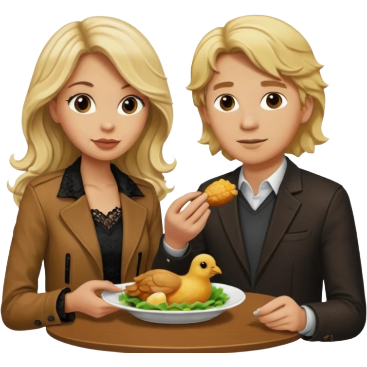 Love tan woman long wavy blonde hair and black lace  with short blonde man Brown shade jacket eating chick filet  emoji