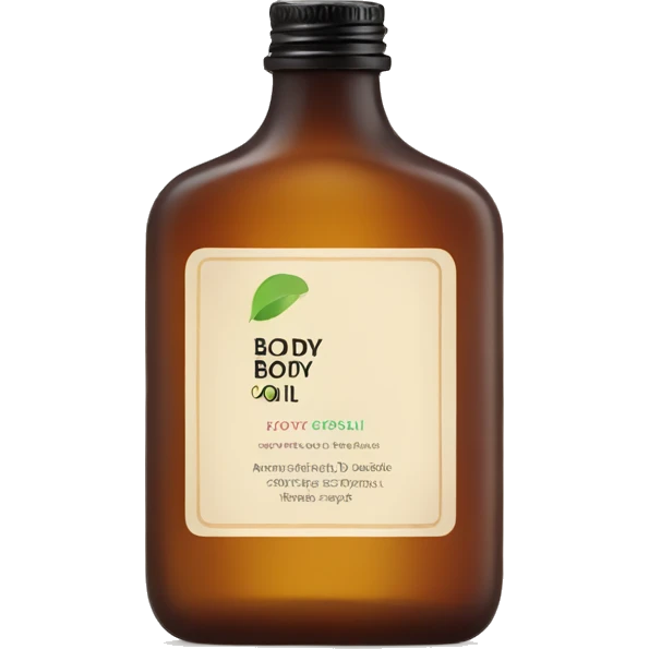 bottle of body oil with label emoji