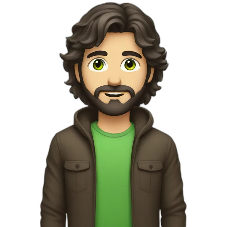 a guy with dark brown long hair green eye beard emoji