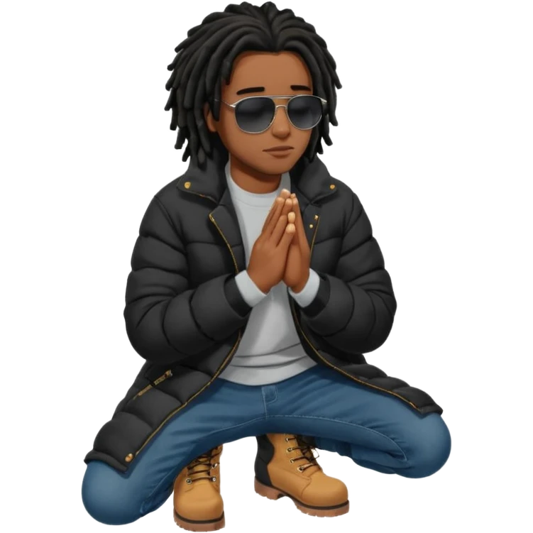 African American man brown skin complexion with black dreadlocks shoulder length wearing black bubble winter coat wearing black sunglasses with denim skinny jeans and timberland boots kneeling in prayer emoji