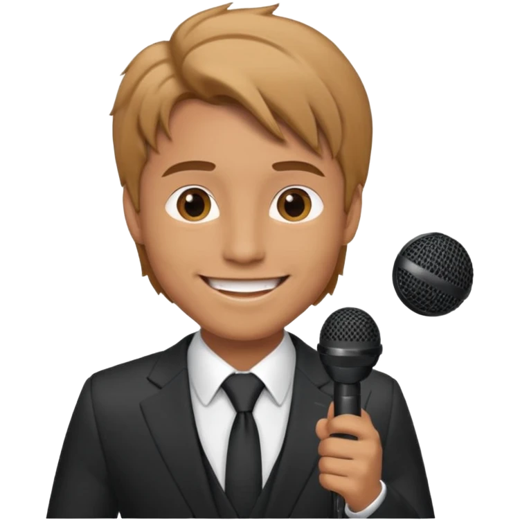 Man in suit with microphone with tan hair emoji