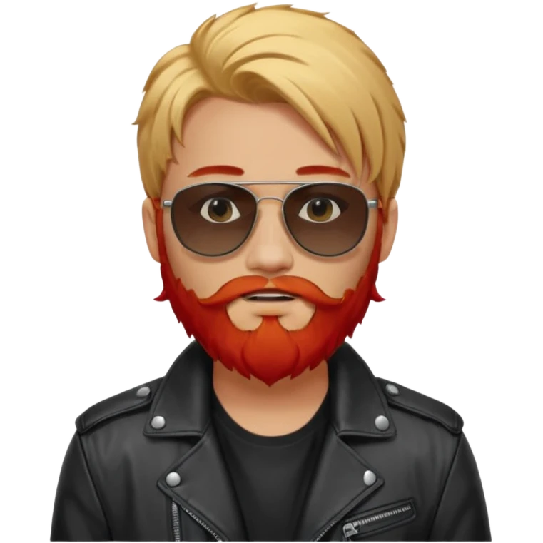 generate an ios genmoji of a 20 year old tan boy with black sunglasse Wearing a leather jacket. Has a dyed blonde beard and veryyyyy long red hair emoji