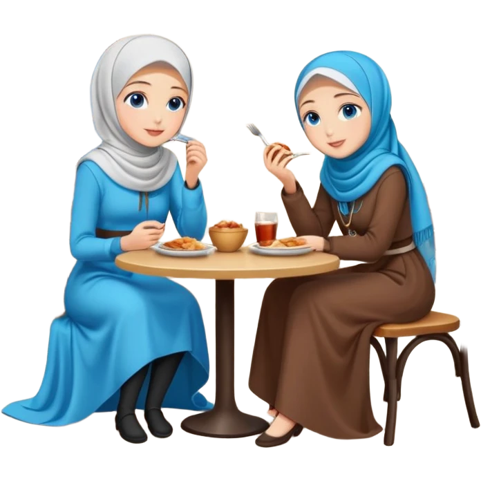 Turkish beautiful finish Konya girls blue eyes with lovely hijab long tail dress and the two friends sits on the chair on the ground and eating the food in the restaurant  emoji