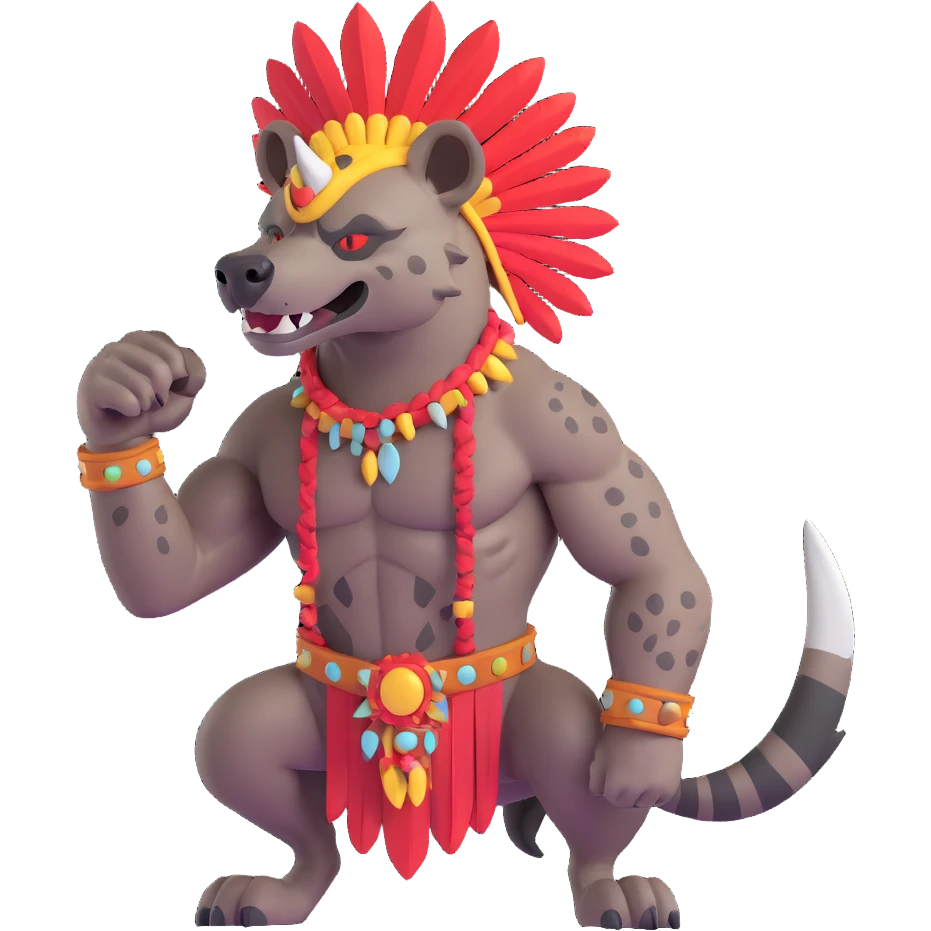 A native strong buff hyena with war bonnet flexing posing  emoji