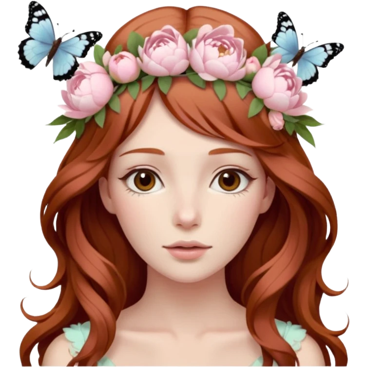 Woman with long flowing auburn hair wearing a pastel flower crown with pale pastel pink peonies and cream colored roses and butterflies in it emoji