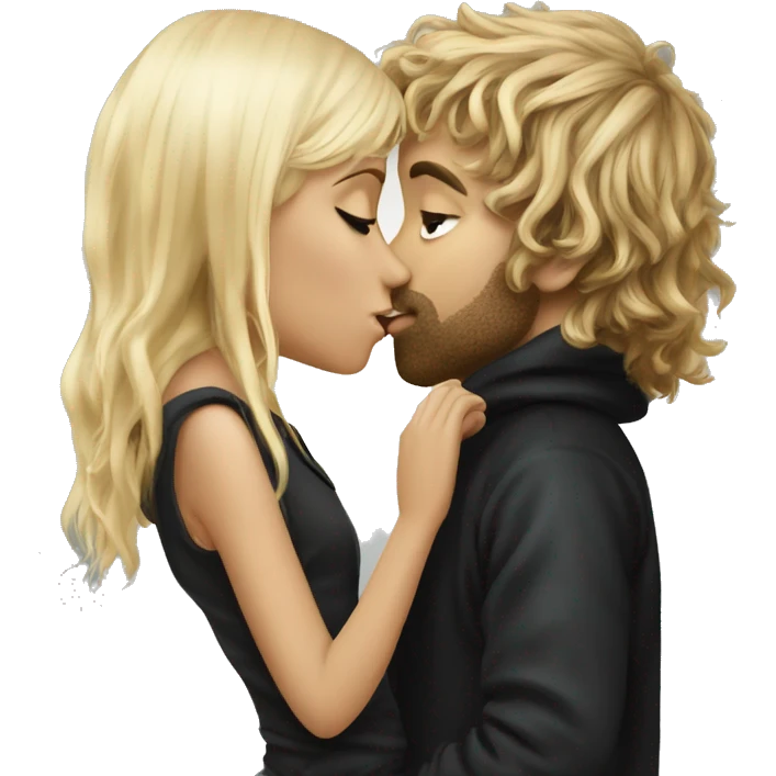 Pippin-hobbit wearing hoodie passionately kissing pretty blonde woman with black top emoji