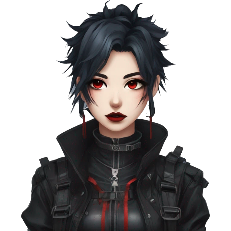 Gorgeous gothic dark techwear anime style lady with blushing face aesthetic and pretty edgy black red punk messy hair with collar and harness trending style emoji