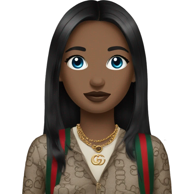 Girl with black hair and blue eyes wearing a gucci bag emoji