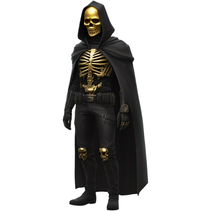 Bounty Hunter Boss with black cape and a perfect gold skull jaw mask from death Stranding, full body front and back emoji