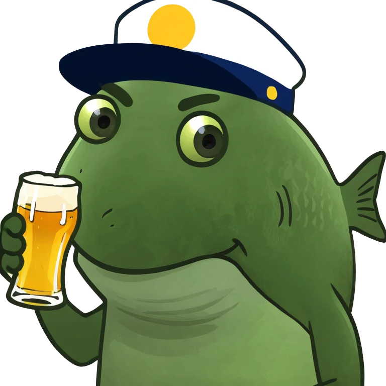 fish holding a beer and wearing a hat emoji