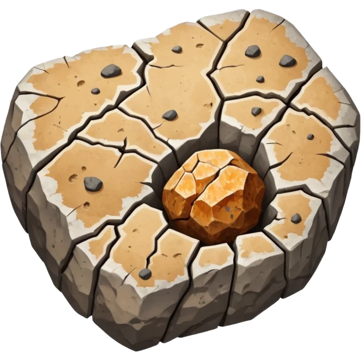 3D render of Coprolite, embedded in a chunk of rough sedimentary rock, cracked stone texture, ancient fossil aesthetic, petrified brown and grey speckled stone texture, matte dry finish, Apple emoji style, isolated on white background --v 6.0. emoji