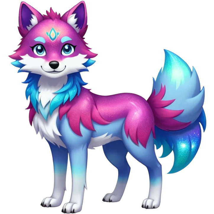 Vibrant multicolored Falvie-Fionbri-creature-sparkle-wolf-fursona, full body emoji