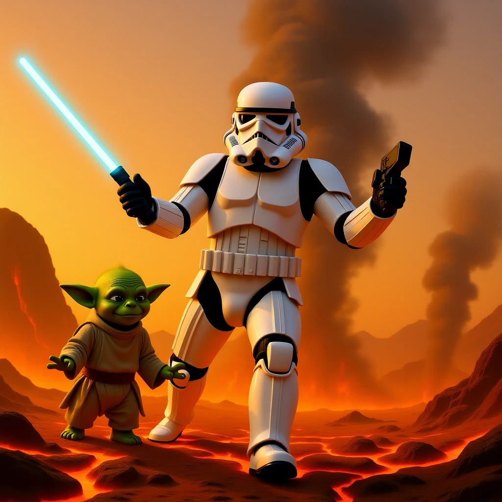 Camera POV, Starwars stormtroopers vlogging selfie, he is walking on lava planet with yoda emoji