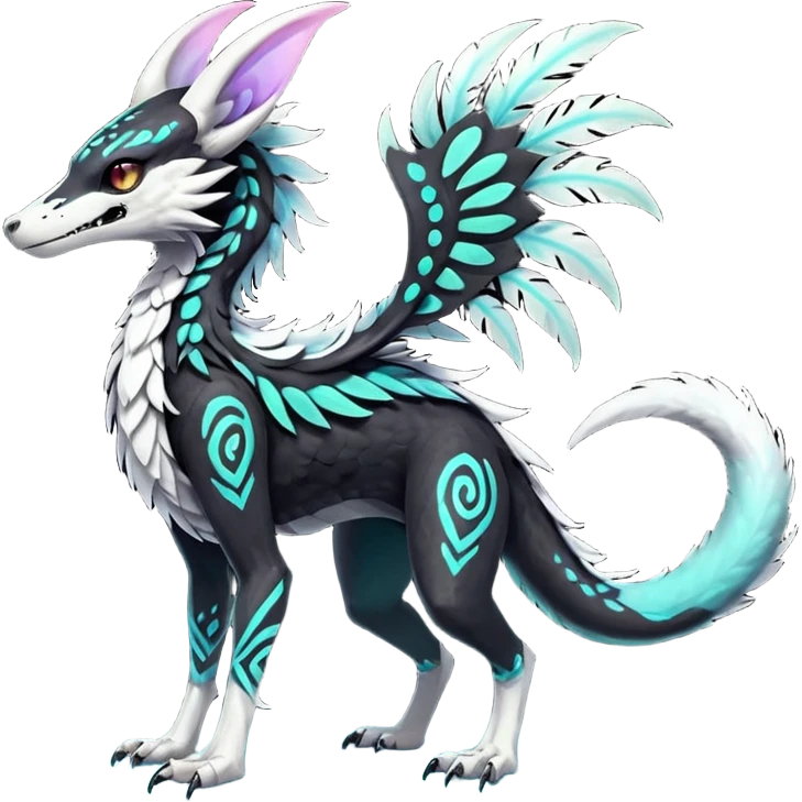 Rare glowing neon realistic tribal patterned whitish pastel colorful iridescent shiny glossy feathery epic handsome gorgeous aesthetic black-skulled Vernid-Trico-Sergal-Salandit-Nargacuga-species-Fakemon-creature by LiLaiRa, 4 legs, 1 tail, random markings, (full body) long ears emoji