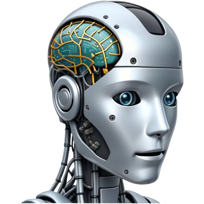 An icon featuring a humanoid robot head, neural network connections, and binary code, symbolizing artificial intelligence. The design includes a brain with circuits and machine learning algorithms, representing the study and development of intelligent systems. Transparent background  emoji