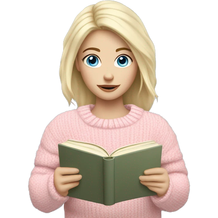 Pretty blue eyed white girl with light pink sweater reading cozy emoji