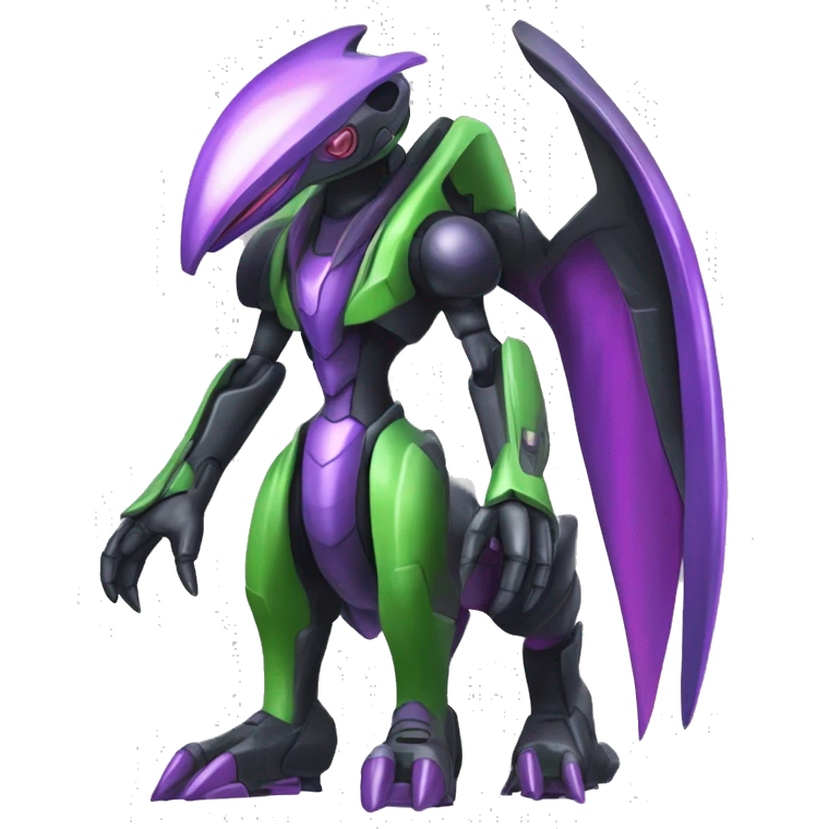 a shiny black-green-purple Genesect-Flygon-Raptor-Fakémon-Medabot-hybrid with a futuristic visor-helmet full body emoji