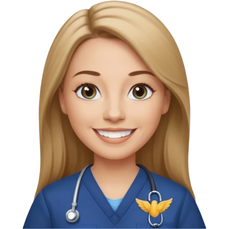 middle aged woman with long, straight light brown / dark blonde hair, grey-blue eyes, winged eyeliner, natural makeup, wearing navy blue scrub top, smiling with teeth showing emoji