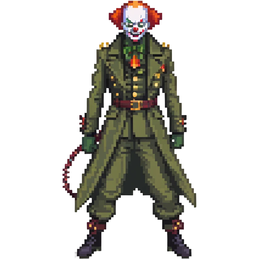 evil clown soldier, bald, small black horns on forehead, fangs, pointed ears, eye patch over one eye, long coat over black and military green clothes with bellbottom pants, tail, holding a whip, no knife, realistically proportioned, less bulky, full body, fighting stance emoji