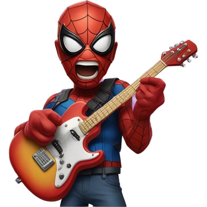 A Spider-Man with a electric guitar in his hands and his mask half off just showing his mouth with two piercings on the left and right edge of his underlip  emoji