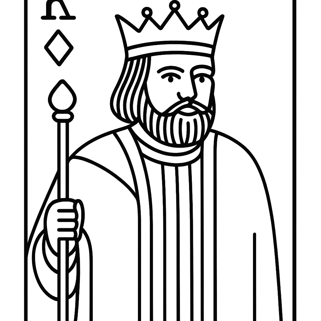A regal king playing card character with a crown and beard, holding a scepter, in minimal line art style emoji