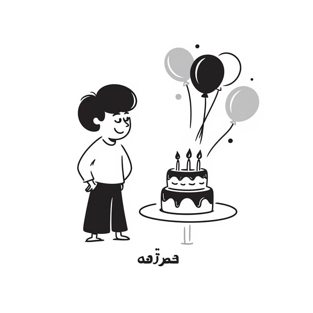 A happy little boy celebrating with a birthday cake with lit candles, balloons and streamers in the background. Include the Persian text at the bottom saying: "امیدرضاجان تولدت مبارک" emoji