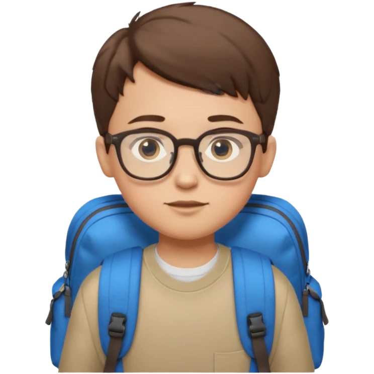 a boy with short brown hair and blue eyes, glasses, backpack emoji