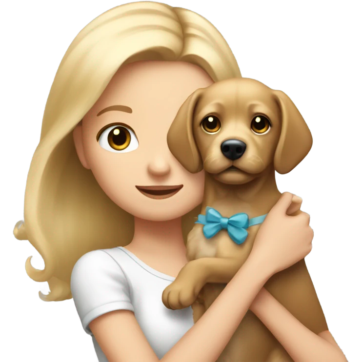 girl with blonde hair holding cute dog with bow emoji