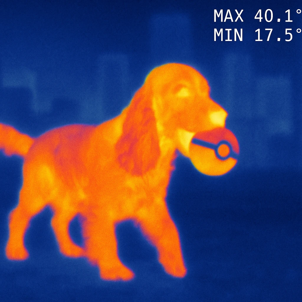 Russian Cocker Spaniel playing with a Poké Ball in its mouth with a city background emoji