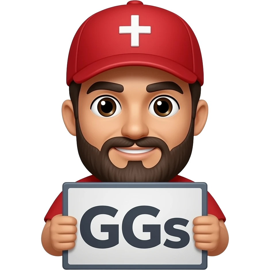 Hispanic Bearded Gamer Wearing A Red Cap that has a cross on it  Holding Sign that says GGs emoji