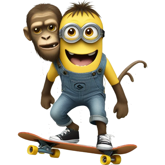 Minion riding a skateboard with a monkey on its head  emoji