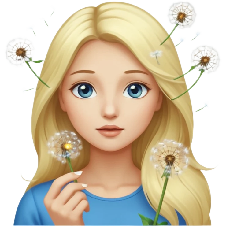 portrait woman long blonde hair blue eyes white skin blowing glowing dandelion seeds emoji